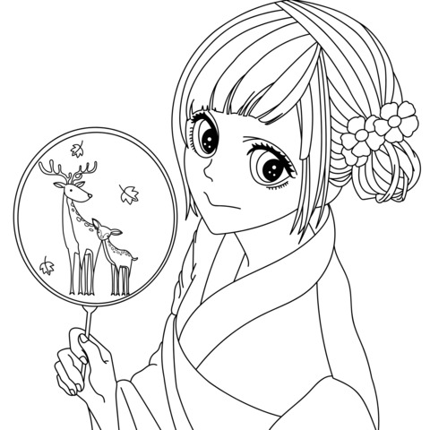 A girl holding a round - fan with deer painting