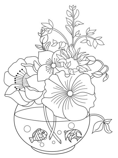 Coloring Page of Flower - filled Vase and Swimming Fish