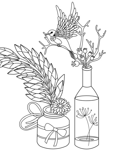 Flower, Bird and Vase Illustration Coloring Page