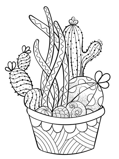 Página de Colorear de Cactus en Maceta Colorida