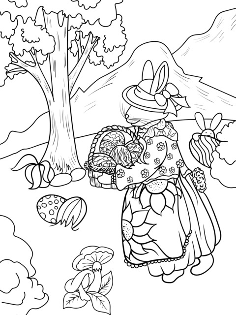 Easter Bunny Coloring Page: A Joyful Gathering Scene in the Forest