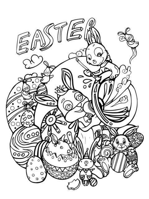 Easter - themed Coloring Page: Adorable Rabbits and Eggs