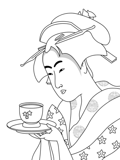 Coloring Page of a Japanese Geisha Holding a Tea Cup