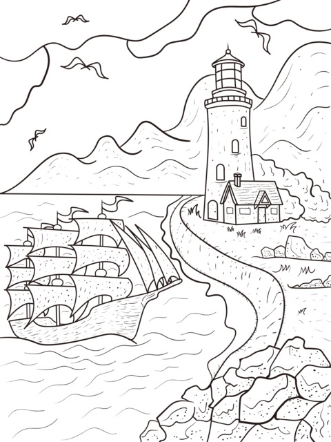 Lighthouse and Sailing - ship by the Sea