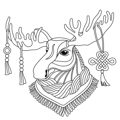 Moose - themed Coloring Page: A Cute Moose Wearing a Scarf and Chinese Knots