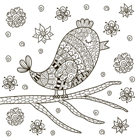 Coloring Page of a Colorful Bird and Flowers