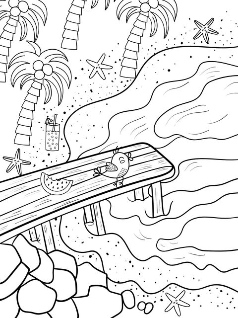 Summer Beach Coloring Page: Wooden Pier and Seaside Scenery