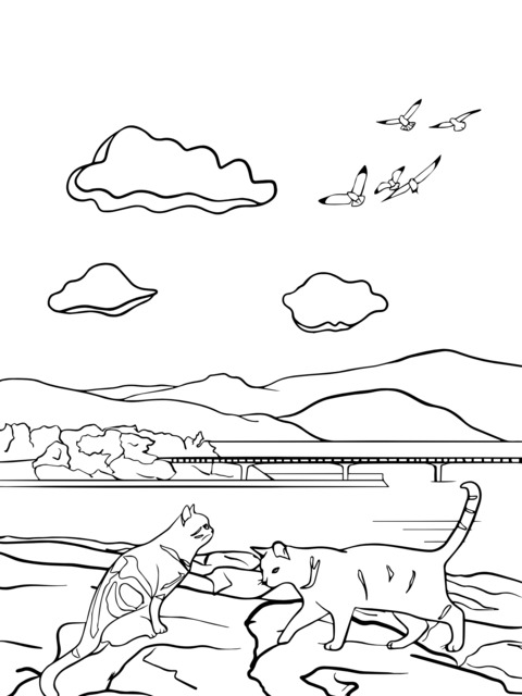 Two Cats and Flying Birds by the River