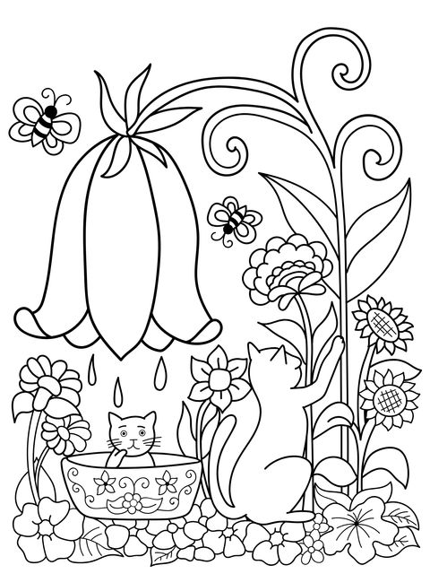 Coloring Page of Cats and Flowers