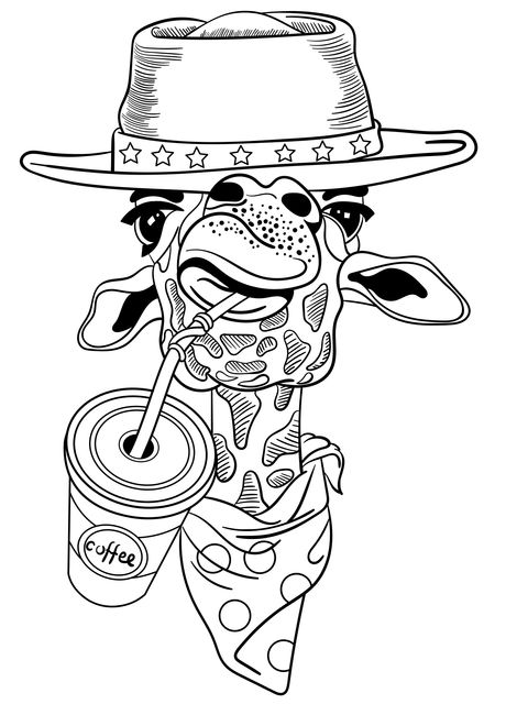 Coloring Page of a Giraffe Wearing a Hat and Drinking