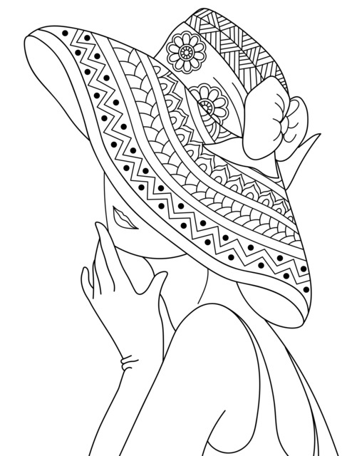 Fashionable Lady with Colorful Hat Coloring Page