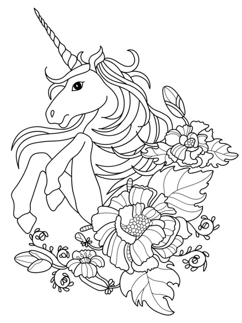 Página de colorear de unicornio y flores