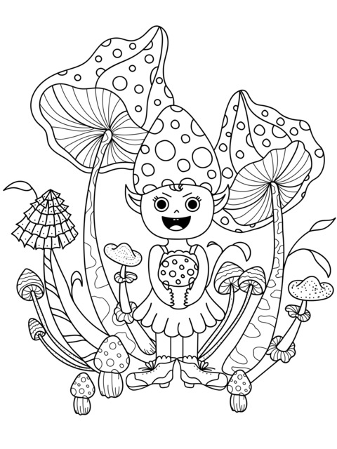 Cute Fairy and Mushrooms Coloring Page