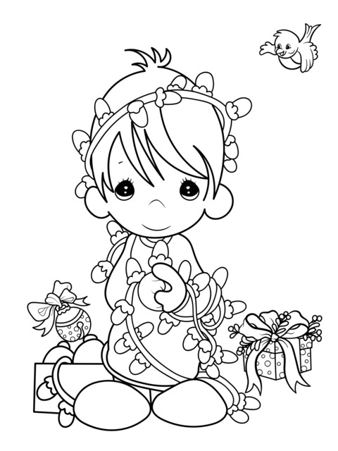 Cute Boy with Christmas Lights Coloring Page