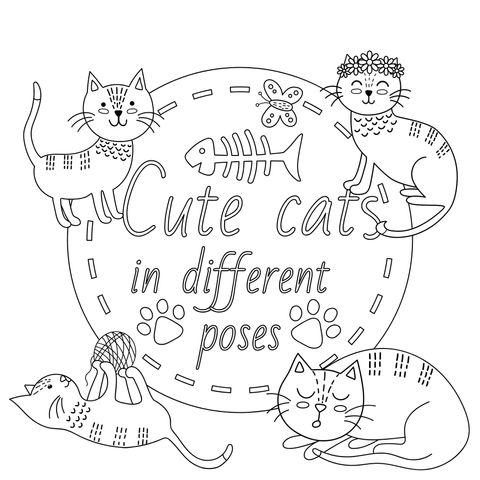 Cute Cats in Different Poses Coloring Page