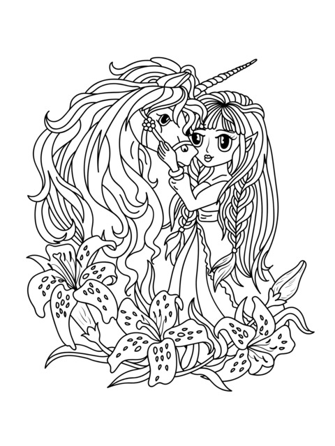 Fairy and Unicorn Coloring Page