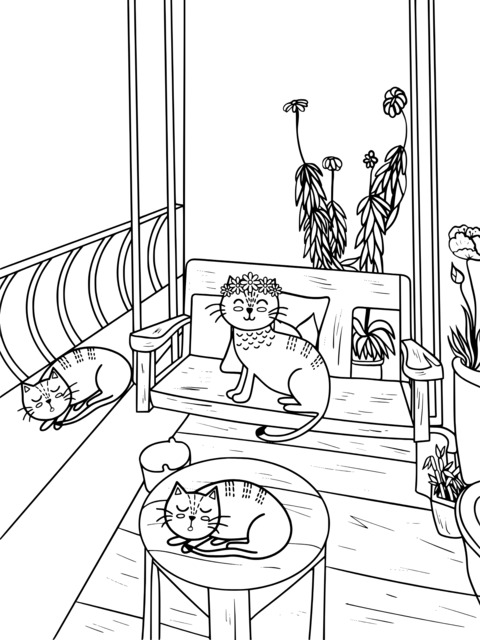 Adorable Cats Relaxing on the Balcony Coloring Page