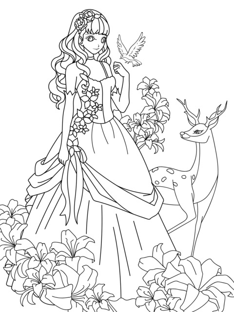 Princess with Animals and Flowers Coloring Page