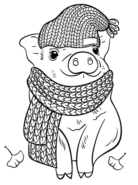 Cute Pig with Colorful Hat and Scarf Coloring Page