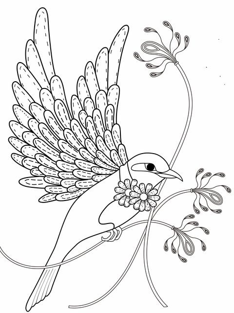 Beautiful Flying Bird and Flowers Coloring Page