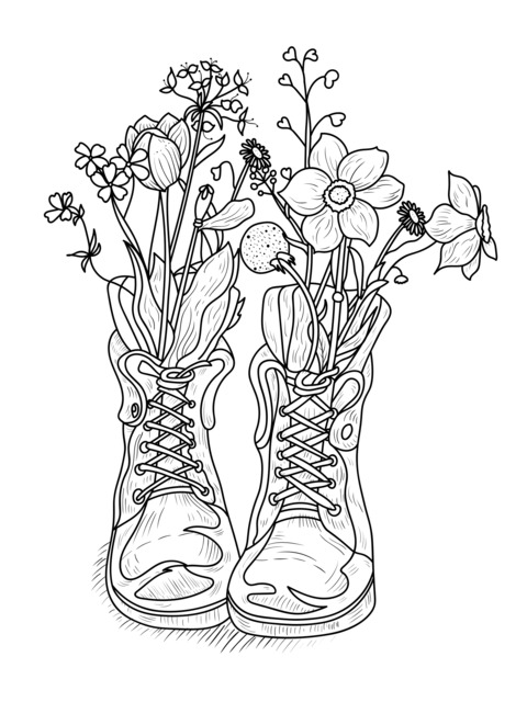 Coloring Page of Flowers Blooming in Boots