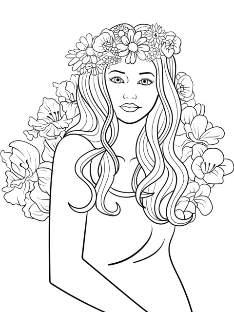 Página para colorir de uma mulher bonita com coroa de flores