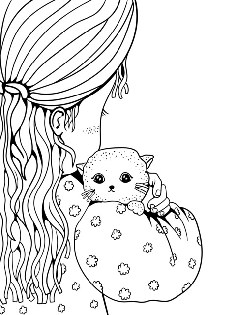 Coloring Page of a Girl Holding a Kitten