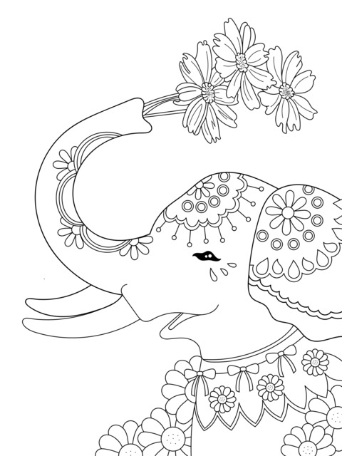 Página de colorear de un adorable elefante con flores