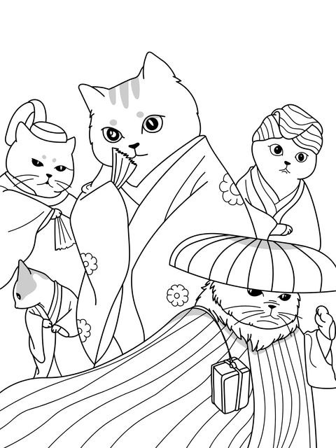 Coloring Page of Cats in Traditional Costumes