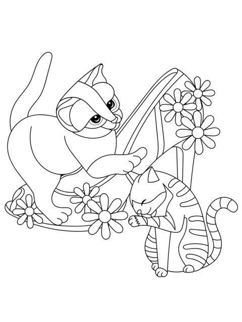 Adorable Cats and Flower - adorned High - heel Coloring Page