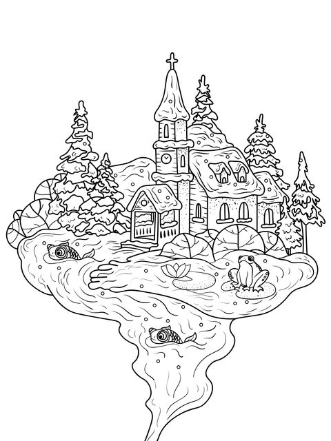 Winter Lakeside Church Coloring Page