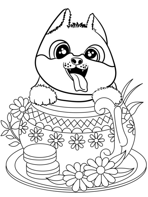 Adorable Puppy and Teacup Coloring Page