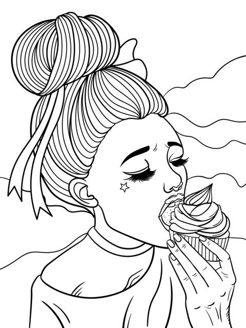 Página de Colorear de una Chica Disfrutando de una Cupcake