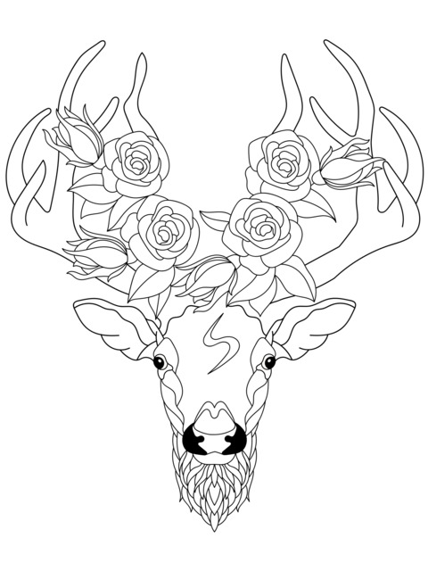 Deer Head Coloring Page with Rose - Decorated Antlers