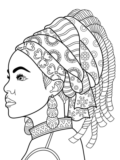 Página de Colorir da Ilustração de Mulher com Cabelo Enfaixado no Estilo Africano