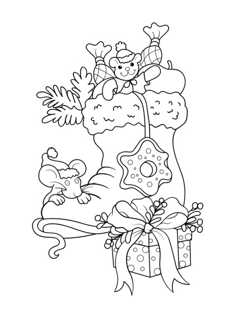 Coloring Page of Christmas Stocking, Bear and Mouse