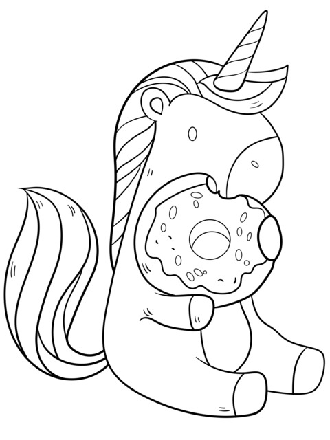 Página de Colorear de Unicornio Adorable Comiendo un Donut