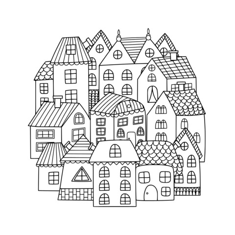 Colorful Cartoon Houses Coloring Page