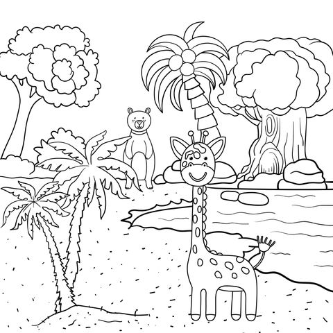 Jungle Coloring Page with Giraffe and Bear