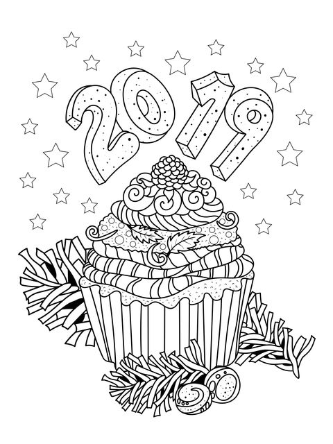 Página para colorear de cupcakes con tema de Año Nuevo 2019