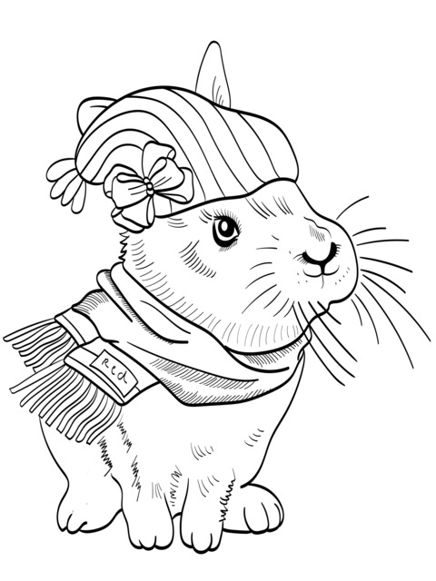 Cute Rabbit with Hat and Scarf Coloring Page