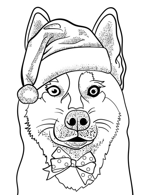 Coloring Page of a Dog Wearing a Santa Hat and Bow - tie