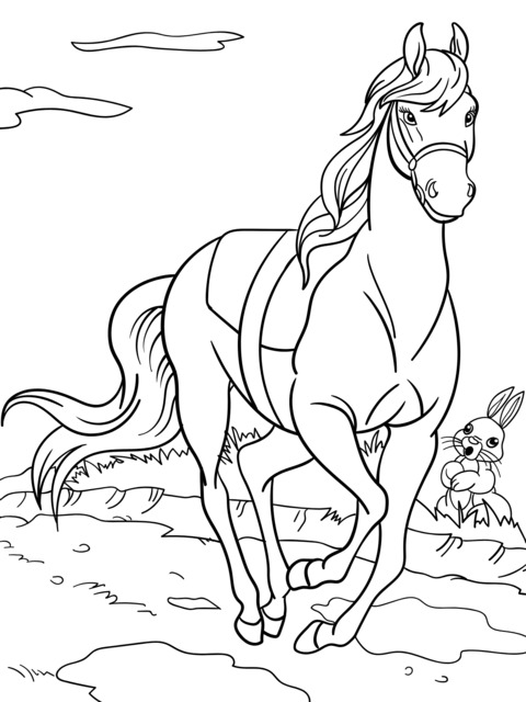 Coloring Page of a Running Horse and a Rabbit