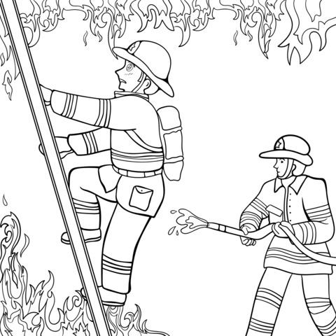 Firefighters Fighting Fire Coloring Page