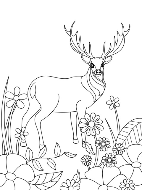 Adorable Deer and Flowers Coloring Page