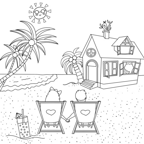 Beach Vacation Scene Coloring Page