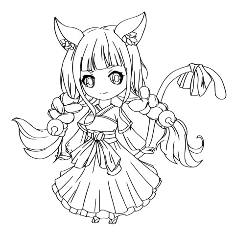 Cute Ancient - style Cat - eared Girl Coloring Page