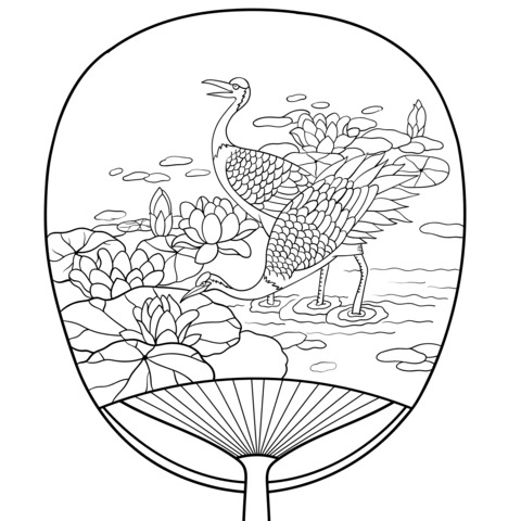 Coloring Page of Cranes and Lotus on Chinese - style Round Fan