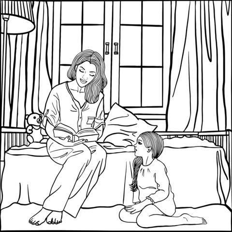 母娘の就寝前の読書塗り絵ページ