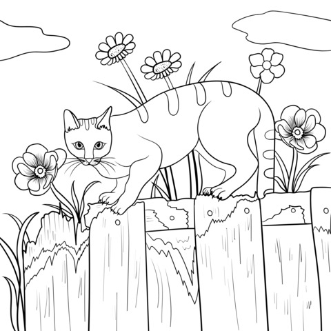 Coloring Page of a Cat on a Wooden Fence